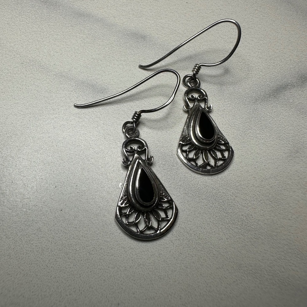 Vintage Sterling Silver Dangle Drop Earrings with Black Enamel Accents‎